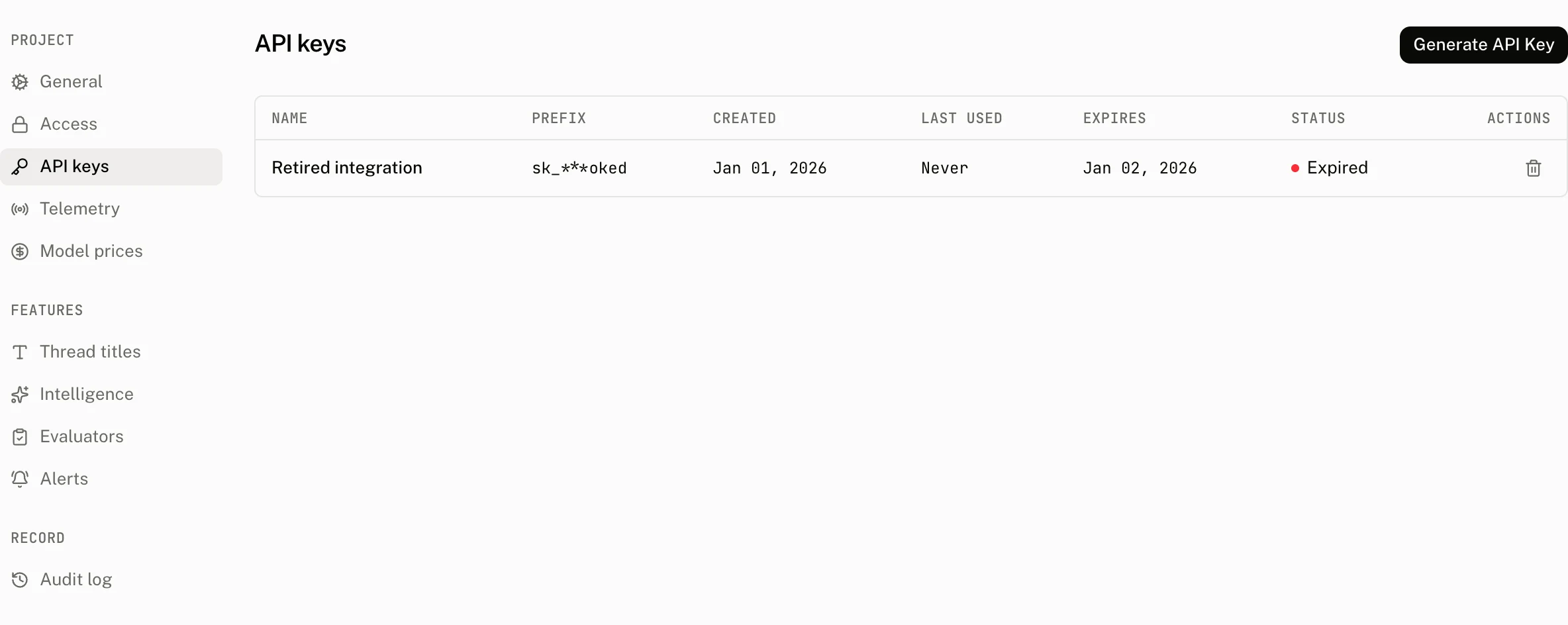Settings › API keys on the demo project