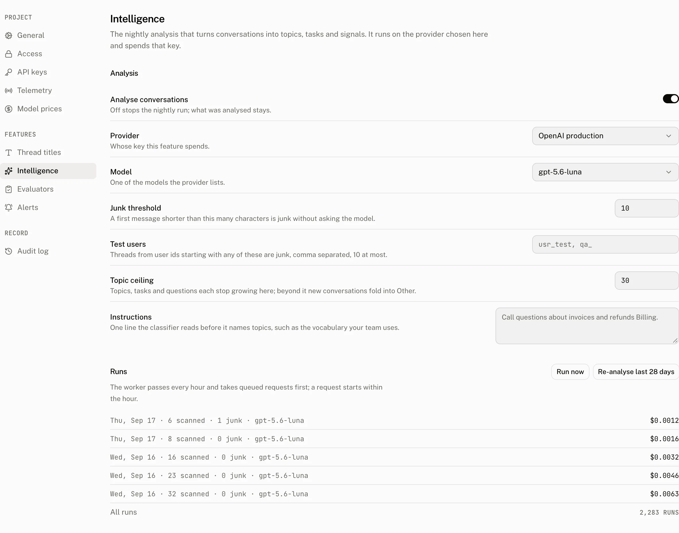 Settings › Intelligence on the demo project
