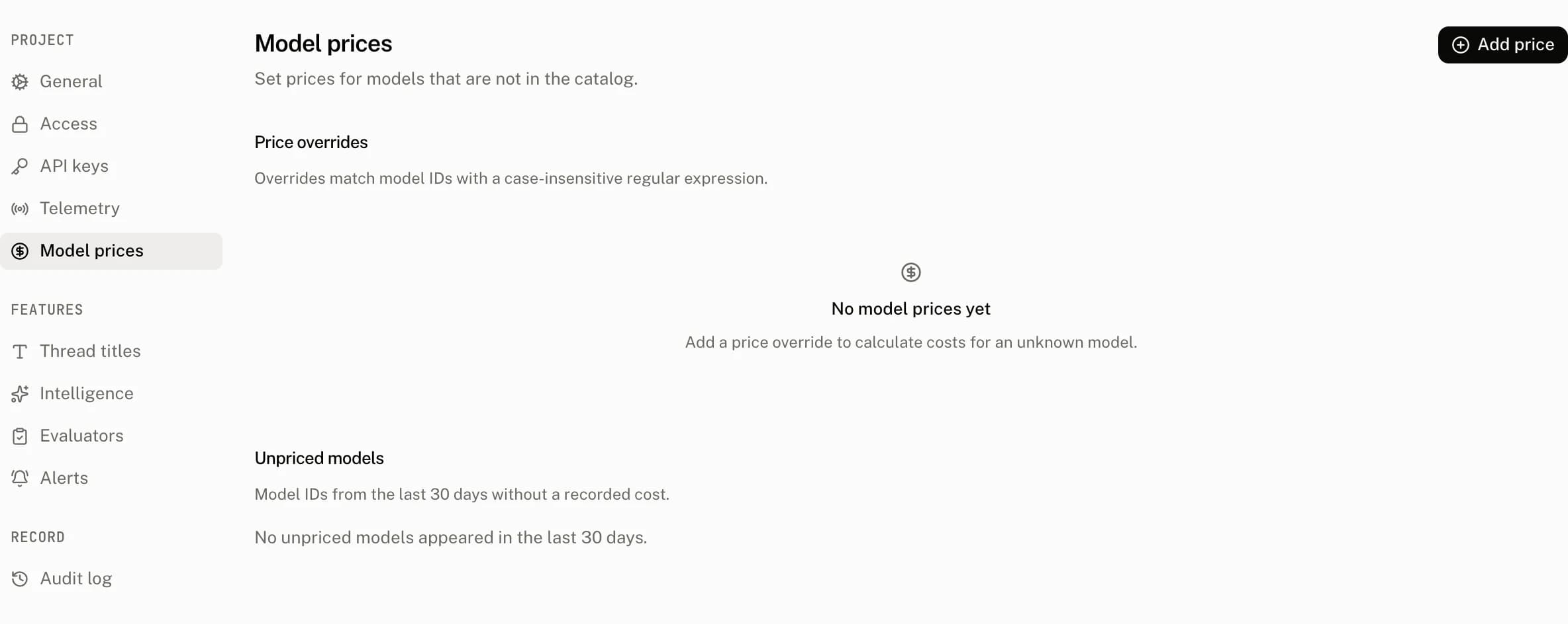 Settings › Model prices on the demo project