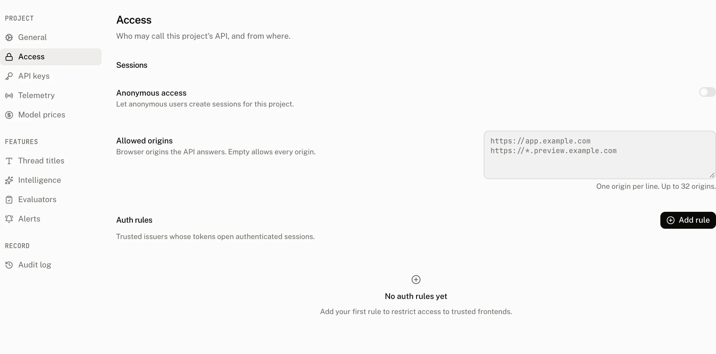 Settings › Access on the demo project