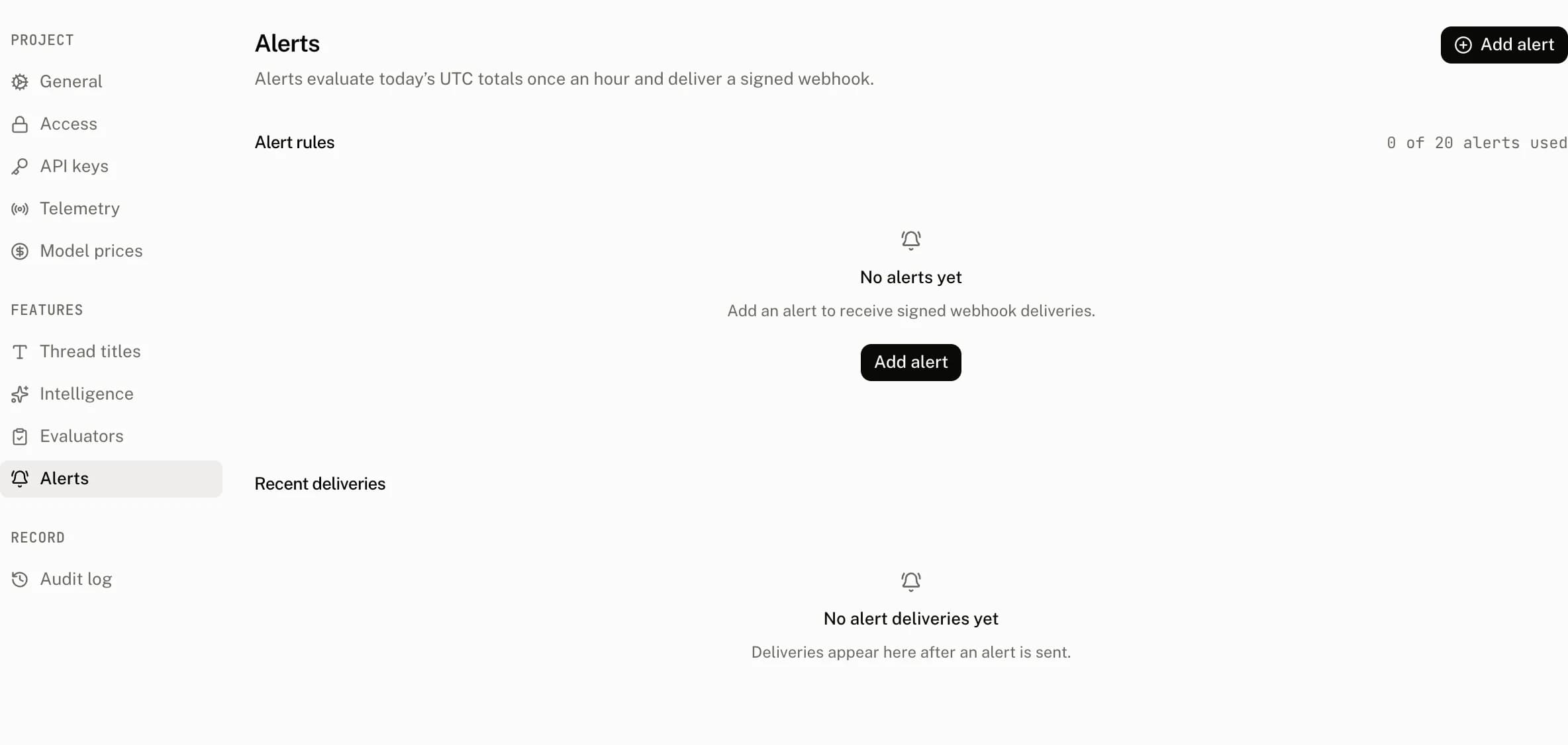 Settings › Alerts on the demo project