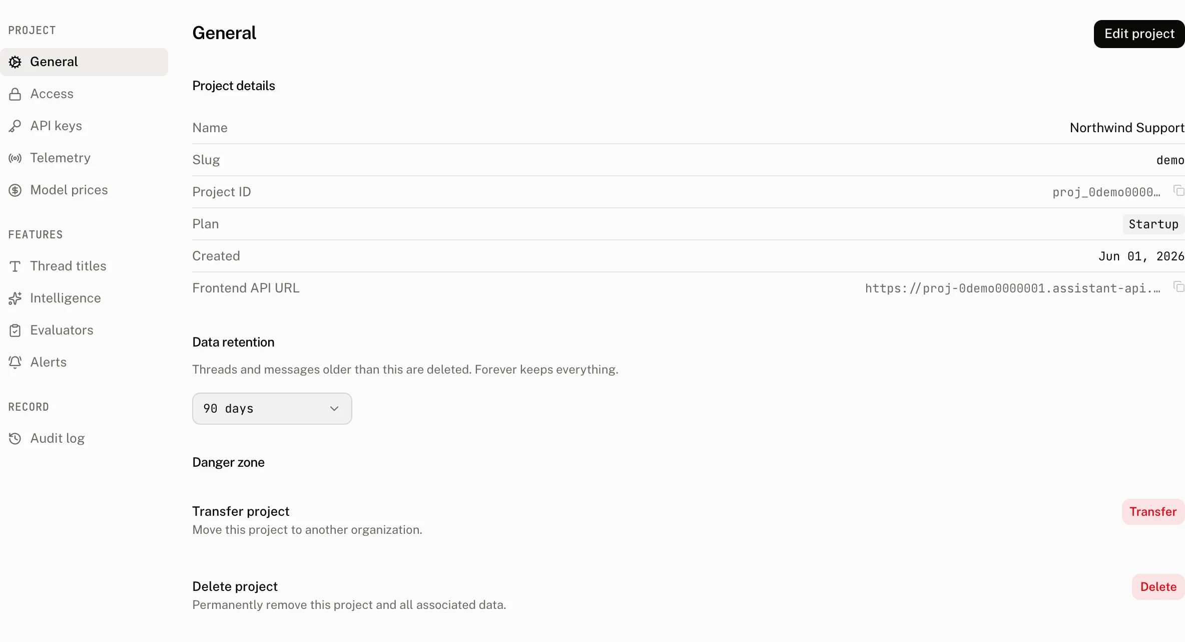 Settings › General on the demo project