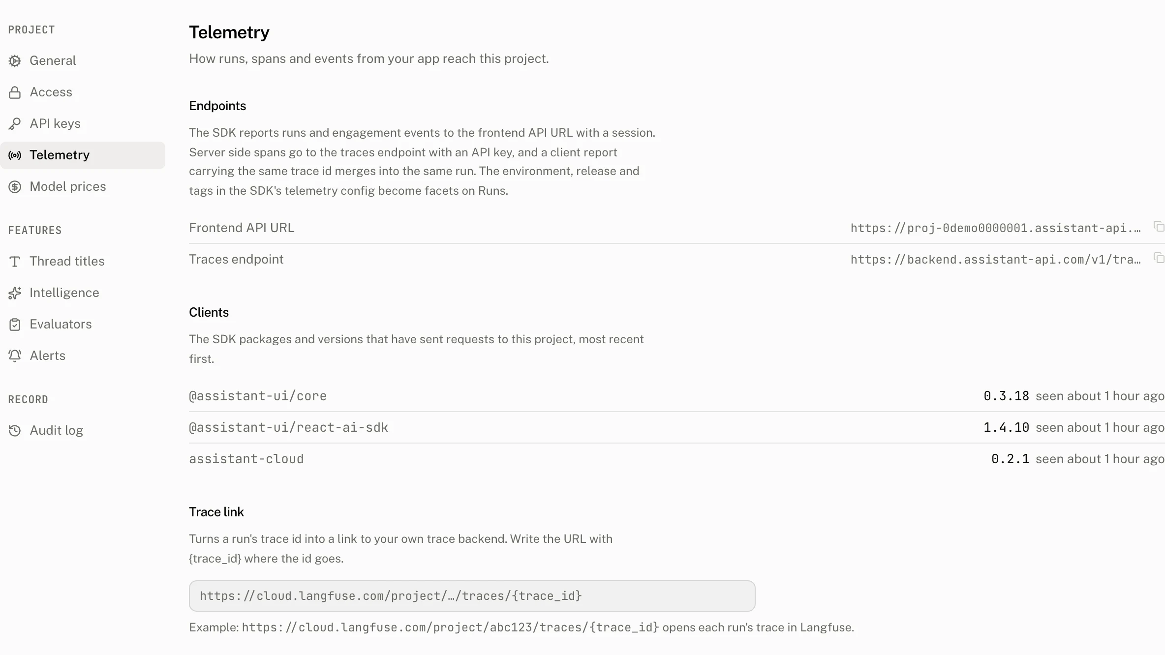 Settings › Telemetry on the demo project