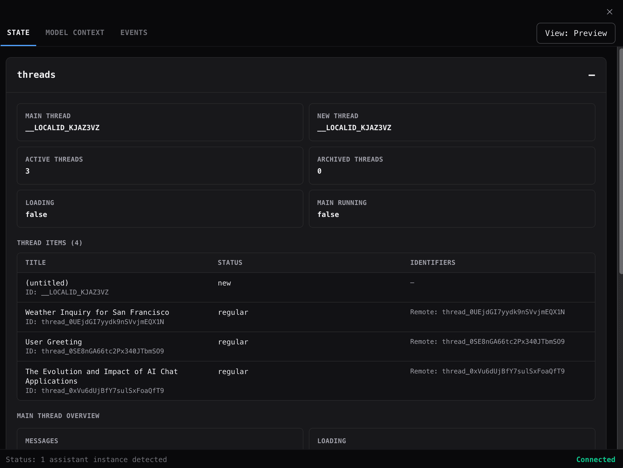 Screenshot of the DevTools UI showing logs and state panels