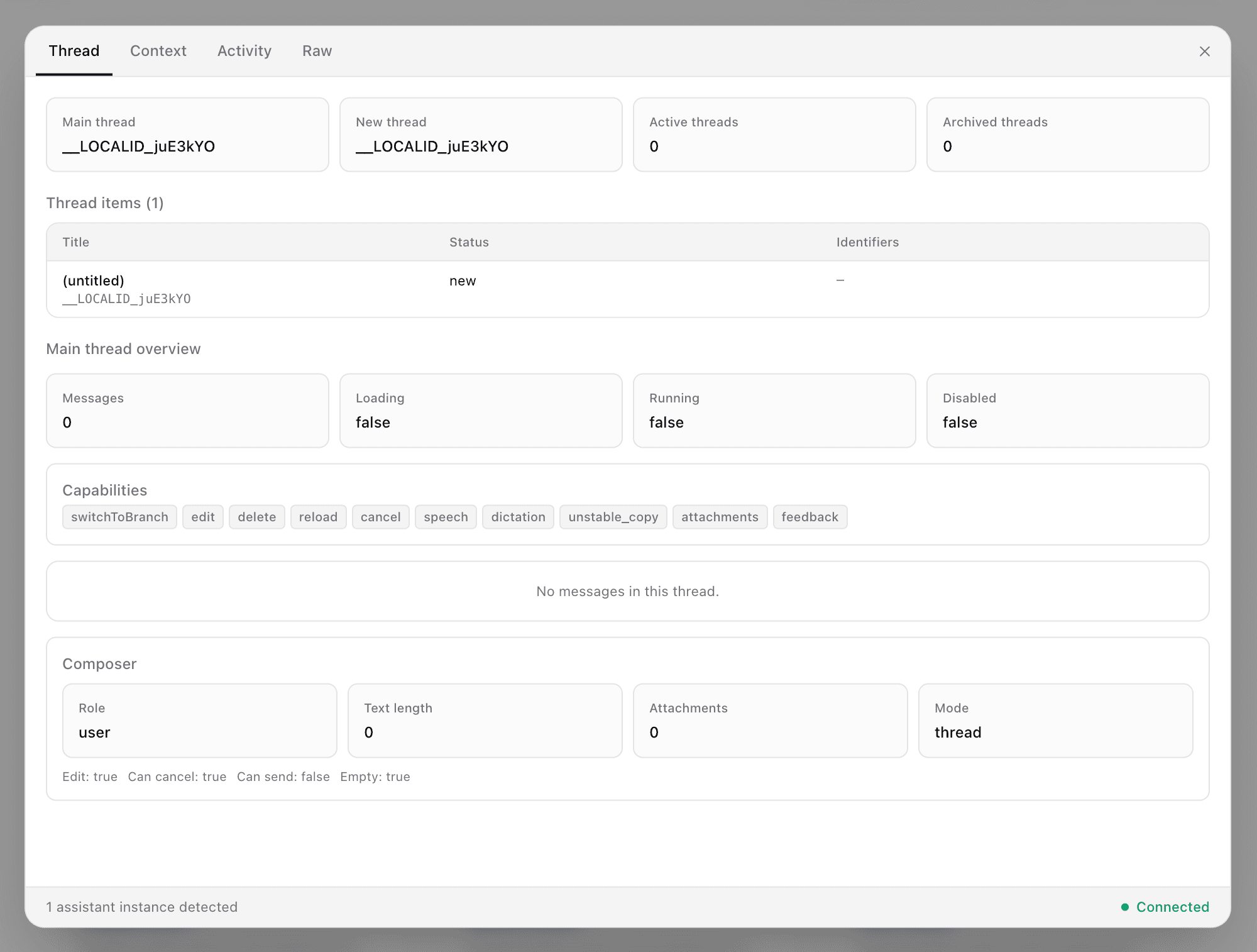 Screenshot of the DevTools UI showing logs and state panels