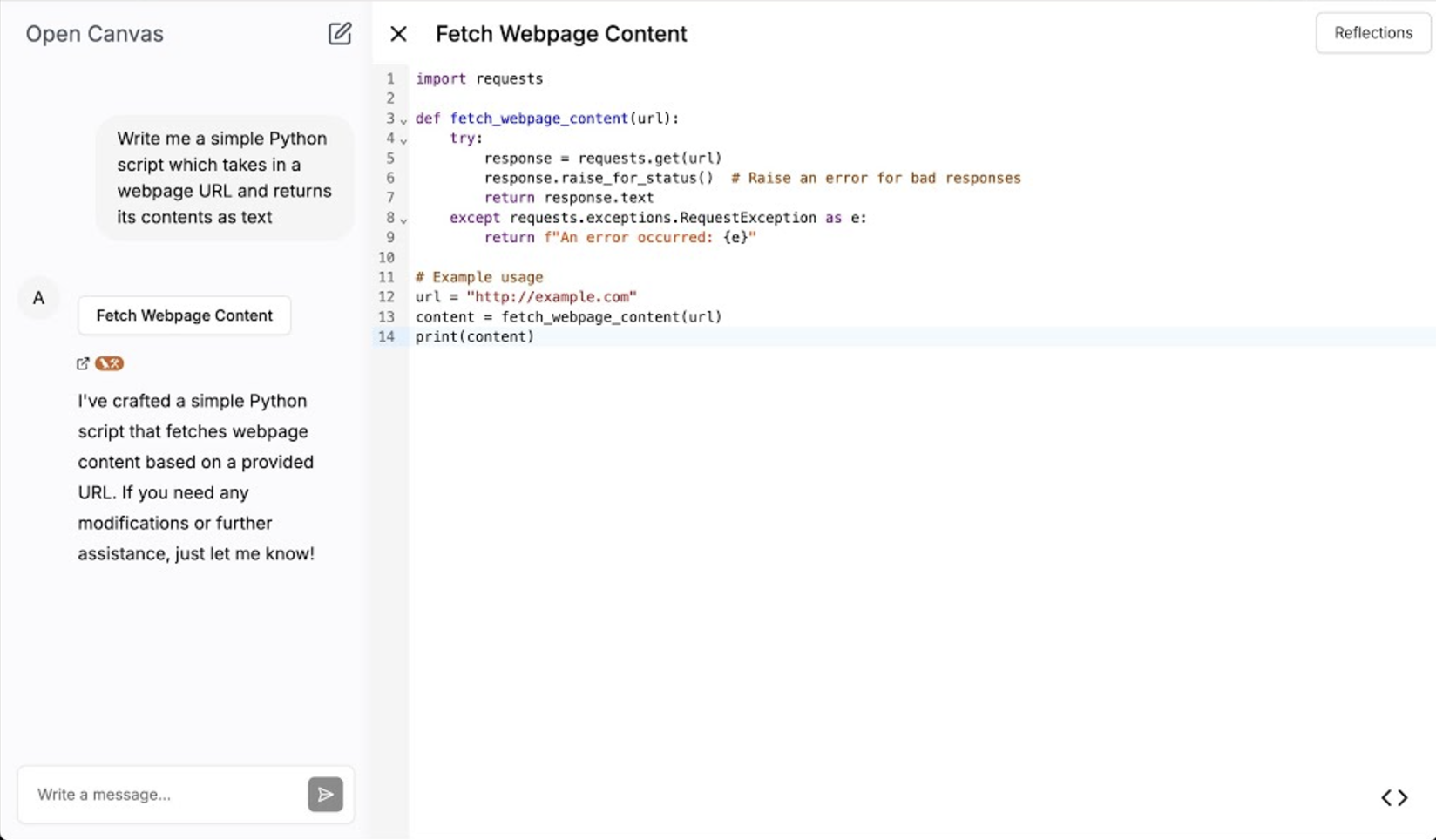 Open Canvas editing a document beside its chat
